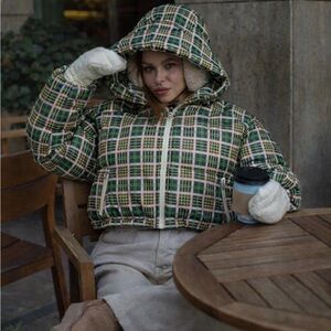 Hilary MacMillan Vegan Plaid Puffer Jacket | Cropped Tartan Coat Sz S
